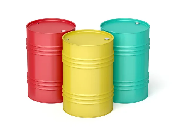 三种颜色不同的钢桶 可用于燃料 机油和其他液体 — 图库照片