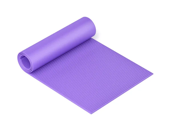 Paarse Half Gerolde Yoga Mat Witte Achtergrond — Stockfoto