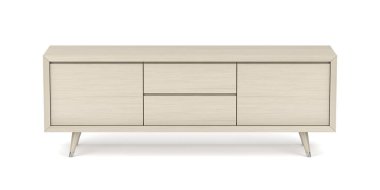 Beyaz arka planda modern tasarımı olan ahşap televizyon standı