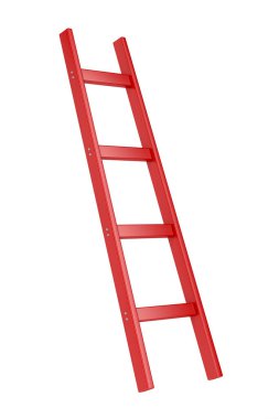 Beyaz arkaplanda kırmızı ahşap merdiven var.
