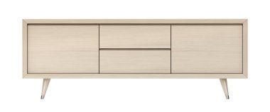 Tahta TV standı beyaz arka planda izole edilmiş, ön manzara