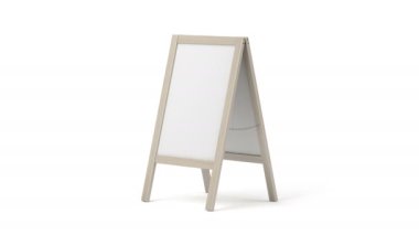 Beyaz arka planda ahşap çerçeveli beyaz reklam standı