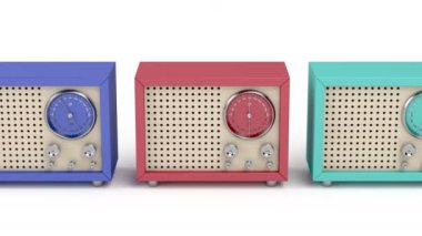 Retro radios with different colors on white background