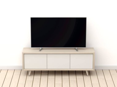 Ahşap televizyon dolabının ve boş ekranlı büyük televizyonun ön görüntüsü
