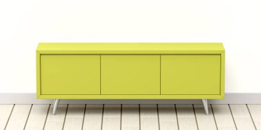 Odadaki modern yeşil televizyon standının ön görüntüsü