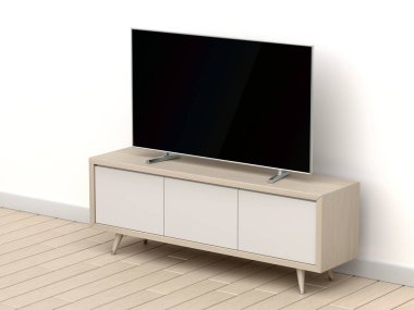 Düz ekran televizyon, oturma odasındaki modern TV standı. 