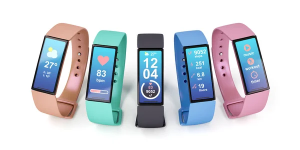 Fitness Trackers Different Colors White Background — Stock Photo, Image