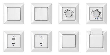 Bir sürü duvar lambası anahtarı, USB soketleri, analog termostat ve anahtar kart yuvası. Ön manzara. Beyaz arkaplanda izole nesneler.