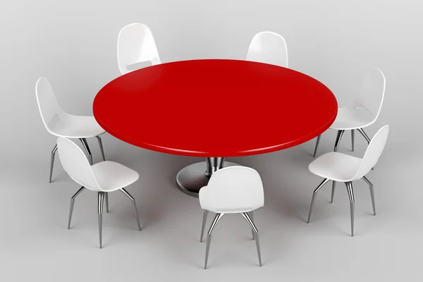 Rode ronde tafel en witte stoelen — Stockfoto