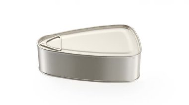 Beyaz arka planda jambonlu teneke kutu, balık ya da diğer yiyecekler.