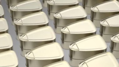 Jambon, balık ya da diğer yiyecekler için teneke kutularla dolu bir sürü sıra