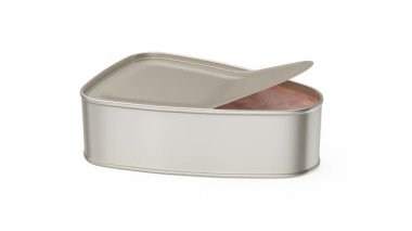 Beyaz arkaplanda konserve jambon açılıyor