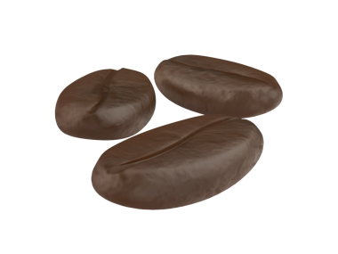 Şeffaf arkaplanda üç kavrulmuş kahve çekirdeği