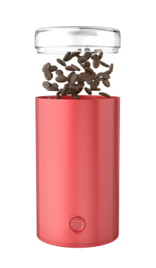 Şeffaf arkaplanda kahve çekirdekleri olan kırmızı kahve öğütücüsünü aç