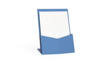 Beyaz zemin üzerine boş beyaz kağıt içeren mavi plastik broşür tutucu