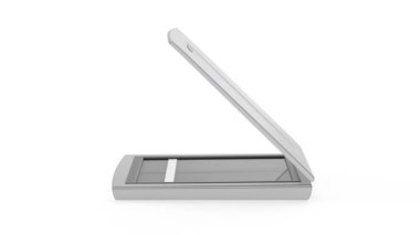 Beyaz arkaplanda yassı resim tarayıcısının yan görünümü