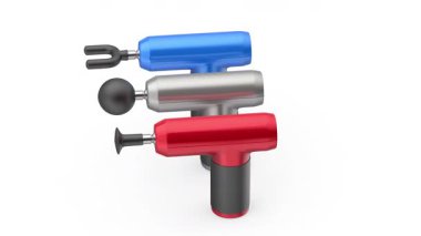 Beyaz arka planda değişik masaj başlıkları olan üç farklı renkte masaj silahı.