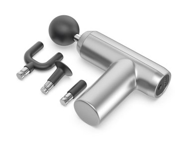 Beyaz arka planda masaj başlıkları olan gümüş masaj silahı.