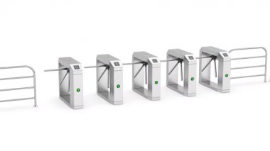 Beyaz arkaplanda elektronik turnikeler satırı