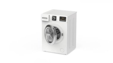 Modern bir çamaşır makinesinin deterjan çekmecesini ve kapısını açmak.