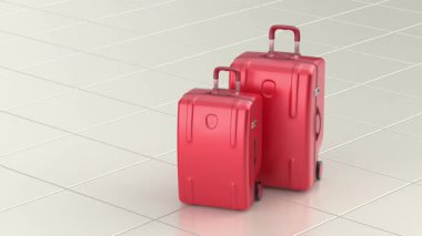 Havaalanında farklı boyutlarda kırmızı plastik bavullar.