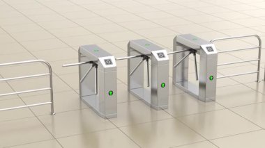 Bir toplu taşıma istasyonunda fayanslı zeminde üç sıra elektronik turnike.