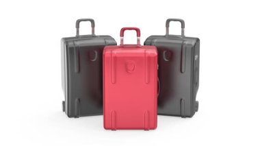 Beyaz arka planda üç plastik bavulun ön görüntüsü