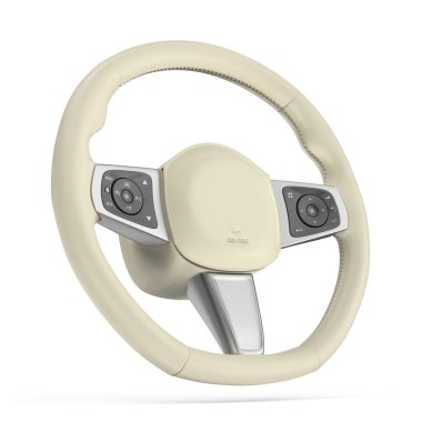 Beyaz arka planda modern bir araba için bej rengi üç dilli deri direksiyon.