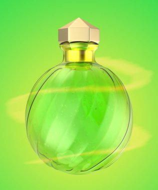 Yeşil arka planda altın kapaklı sihirli iksir şişesi