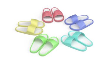 Beyaz arkaplanda farklı renklerde beş çift lastik slayt