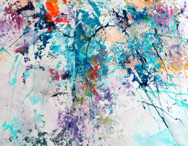 Akrilik boya sıçramalarının çok renkli soyutlaması. Beyaz bir sırtüstü