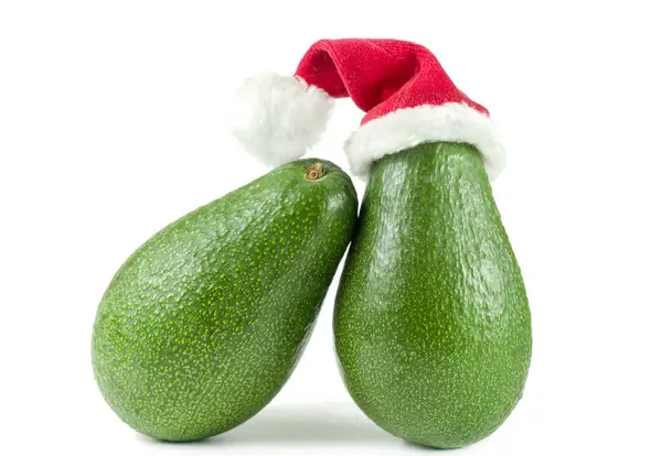 God Jul Med Miniatyr Jultomten Med Avokado Frukt Vit Bakgrund — Stockfoto