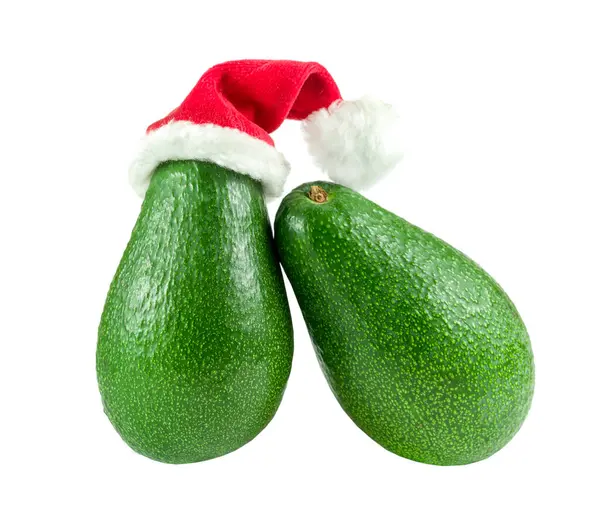 God Jul Med Miniatyr Jultomten Med Avokado Frukt Vit Bakgrund — Stockfoto