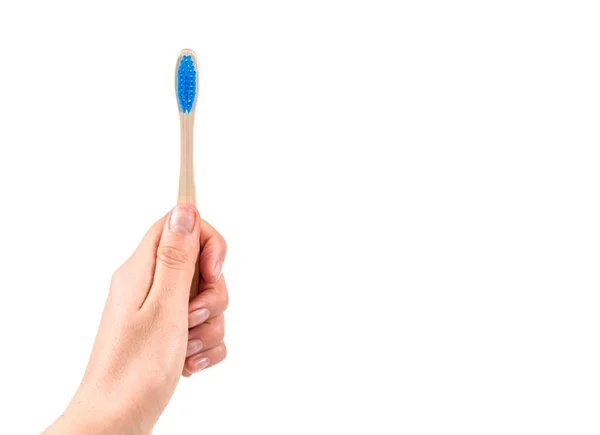Toothbrush Made Natural Bamboo Material Woman Hand White Isolate Background — Stock Photo, Image