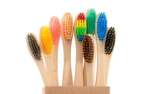 Multicolored Wooden Toothbrushes White Background Plastic Rejection Concept — Stock Photo, Image