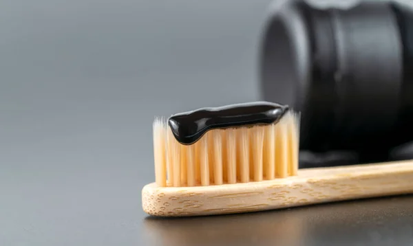 Closeup Photo Bamboo Toothbrush Dark Gray Background Naturally Colored Bristles — Stock Photo, Image