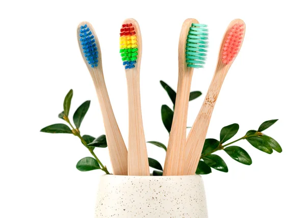 Wooden Bamboo Toothbrushes Glass Cup White Background — Stock Photo, Image