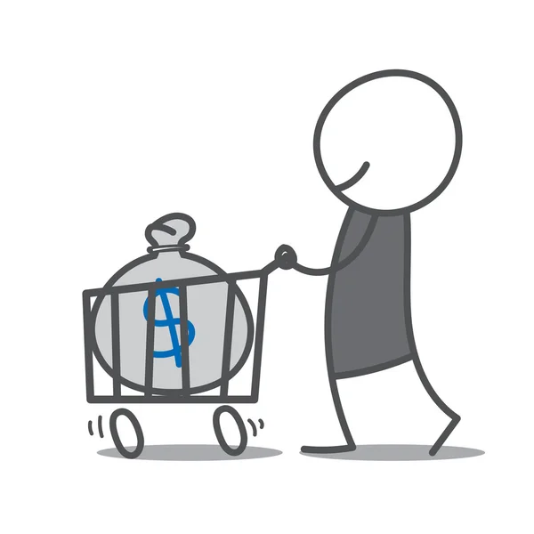 Doodle muž tlačí nákupní košík s pytel peněz. — Stockový vektor