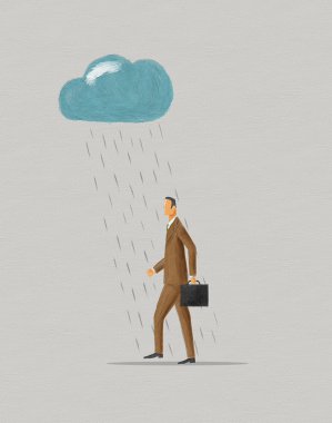 İşadamı Raincloud altında yürüyüş.