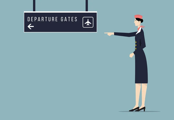 Hôtesse de la compagnie aérienne indique panneau de signalisation de porte de départ . — Image vectorielle
