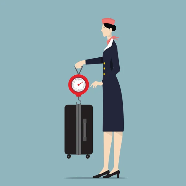 Bagages de pesée d'hôtesse de compagnie aérienne avec l'échelle . — Image vectorielle