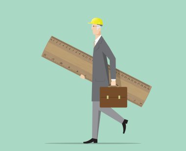 Büyük bir ahşap cetvel taşıyan mimar.