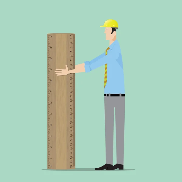 Architect with big wooden ruler. — Stock Vector