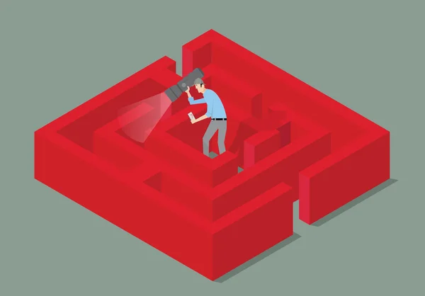 Escape Room Game Concept. Hombre con antorcha encontrar la solución de un laberinto . — Archivo Imágenes Vectoriales