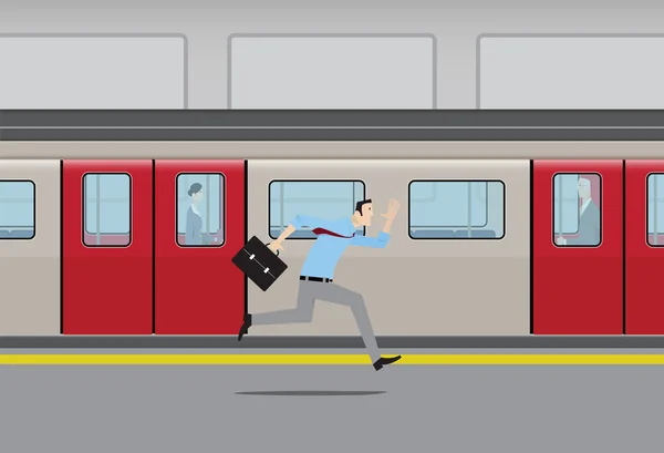 Ο άνθρωπος που τρέχει να πιάσει το μετρό στο σταθμό. — Διανυσματικό Αρχείο