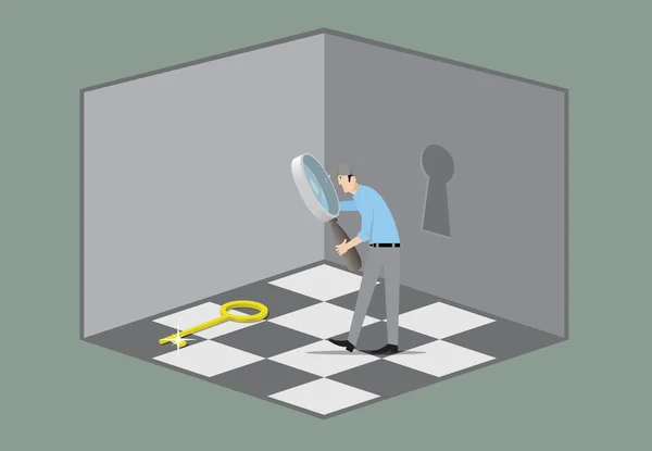 Escape Room Game Concept. Homme avec la clé de recherche de verre grossissant qui ouvre la porte . — Image vectorielle