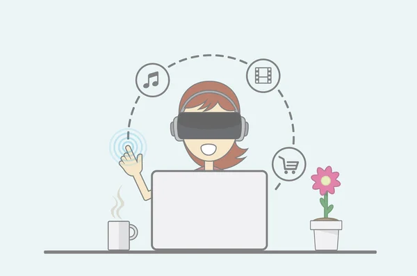Concepto de realidad virtual. Chica joven sentada detrás del escritorio en frente — Vector de stock