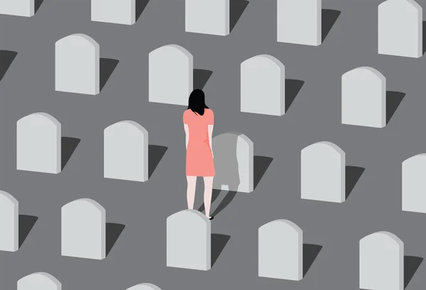 Mujer joven visitando a un ser querido en el cementerio . — Vector de stock