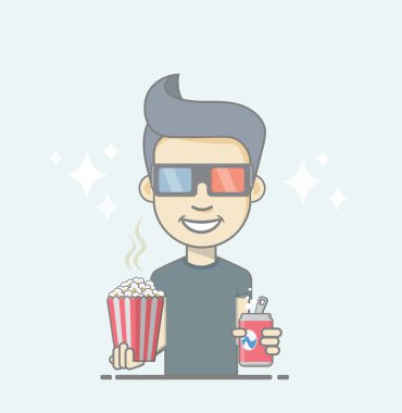 Kola ve patlamış mısır kutusu tutarak 3d gözlük takan çocuk.