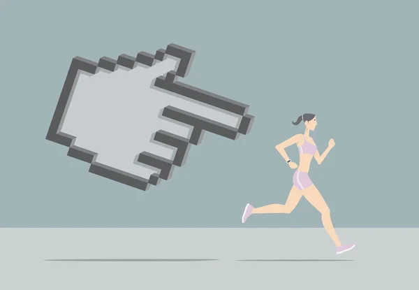 Fitness követés App. lány fut üldözték kézzel mutató. — Stock Vector